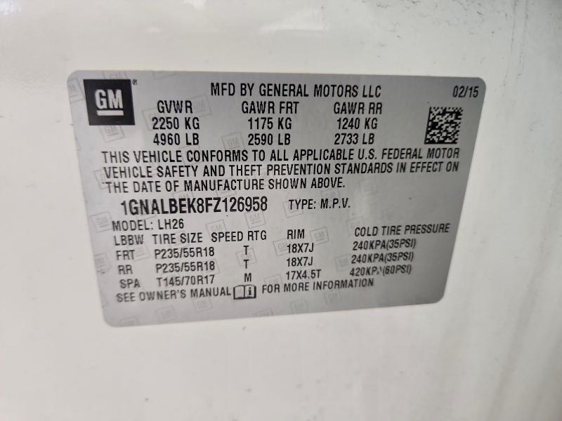 Aukcja sprzedaży 2015 Chevrolet Equinox, vin: 1GNALBEK8FZ126958, numer aukcji: 54677106