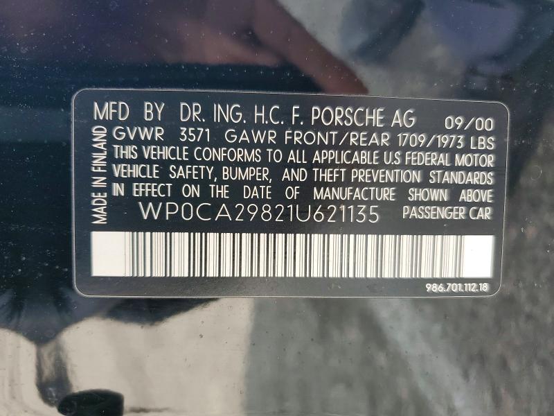 2001 Porsche Boxster მანქანა იყიდება აუქციონზე, vin: WP0CA29821U621135, აუქციონის ნომერი: 53231666
