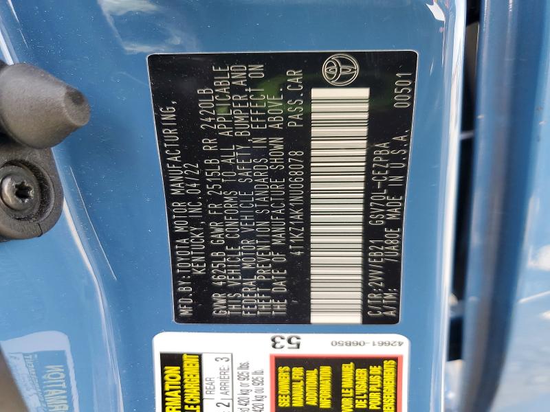 48546396 :رقم المزاد ، 4T1KZ1AK1NU068078 vin ، 2022 Toyota Camry مزاد بيع