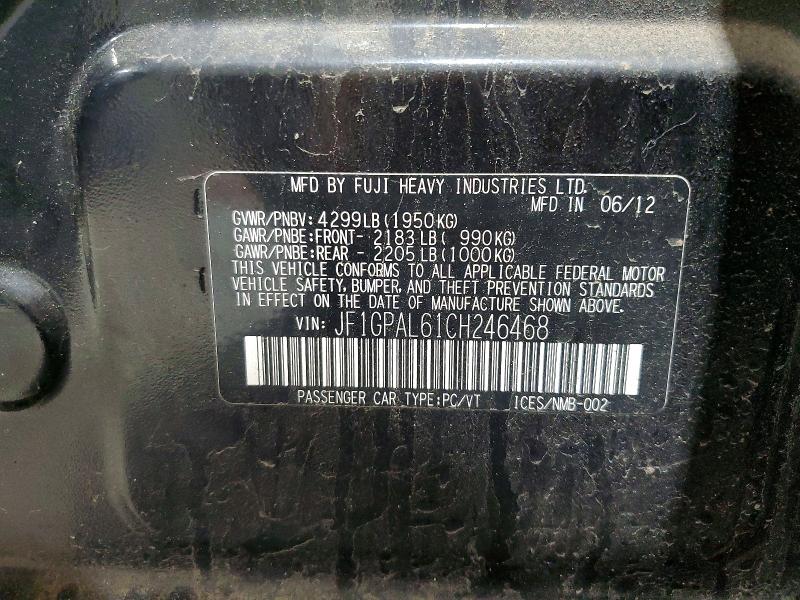 52343416 :رقم المزاد ، JF1GPAL61CH246468 vin ، 2012 Subaru Impreza مزاد بيع