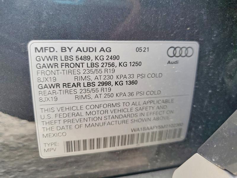 Продаж на аукціоні авто 2021 Audi Q5, vin: WA1BAAFY5M2102360, номер лоту: 55457256