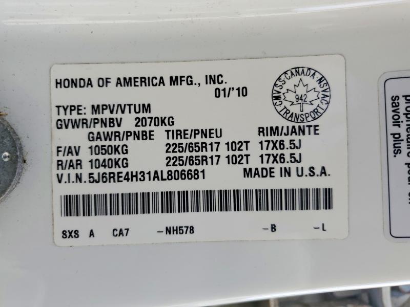2010 Honda Cr-v მანქანა იყიდება აუქციონზე, vin: 5J6RE4H31AL806681, აუქციონის ნომერი: 49654286