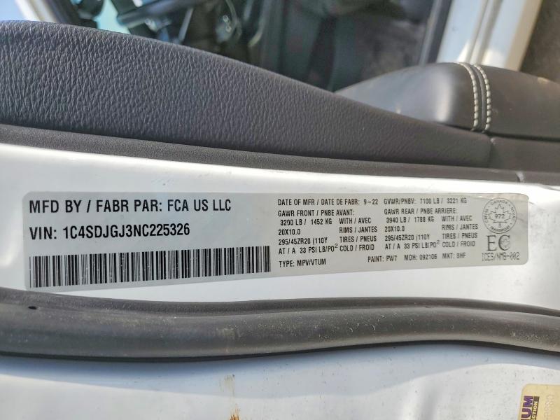 52127596 :رقم المزاد ، 1C4SDJGJ3NC225326 vin ، 2022 Dodge Durango مزاد بيع