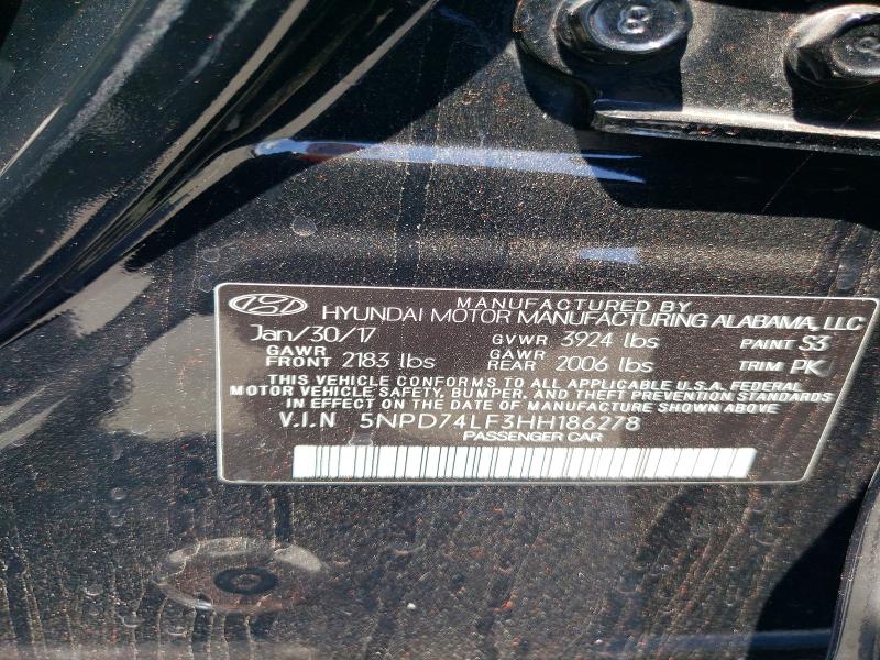 52433516 :رقم المزاد ، 5NPD74LF3HH186278 vin ، 2017 Hyundai Elantra مزاد بيع