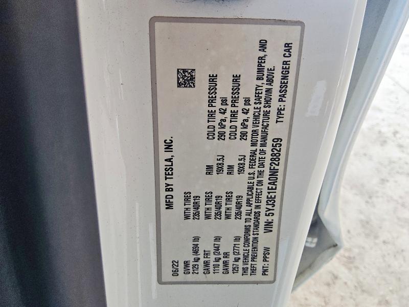 2022 Tesla Model 3 მანქანა იყიდება აუქციონზე, vin: 5YJ3E1EA0NF288259, აუქციონის ნომერი: 53312226