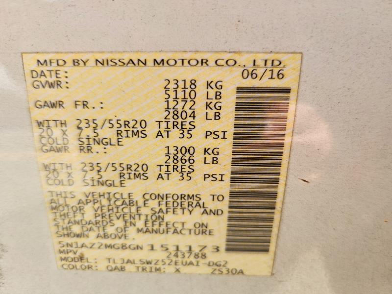 2016 Nissan Murano მანქანა იყიდება აუქციონზე, vin: 5N1AZ2MG8GN151173, აუქციონის ნომერი: 54082356