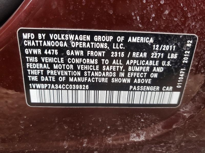 52262196 :رقم المزاد ، 1VWBP7A34CC039826 vin ، 2012 Volkswagen Passat مزاد بيع