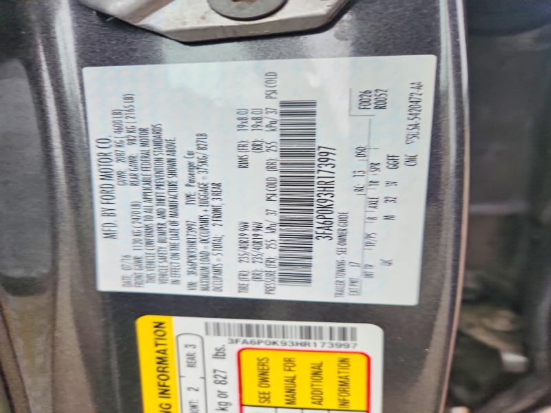 2017 Ford Fusion მანქანა იყიდება აუქციონზე, vin: 3FA6P0K93HR173997, აუქციონის ნომერი: 54682766