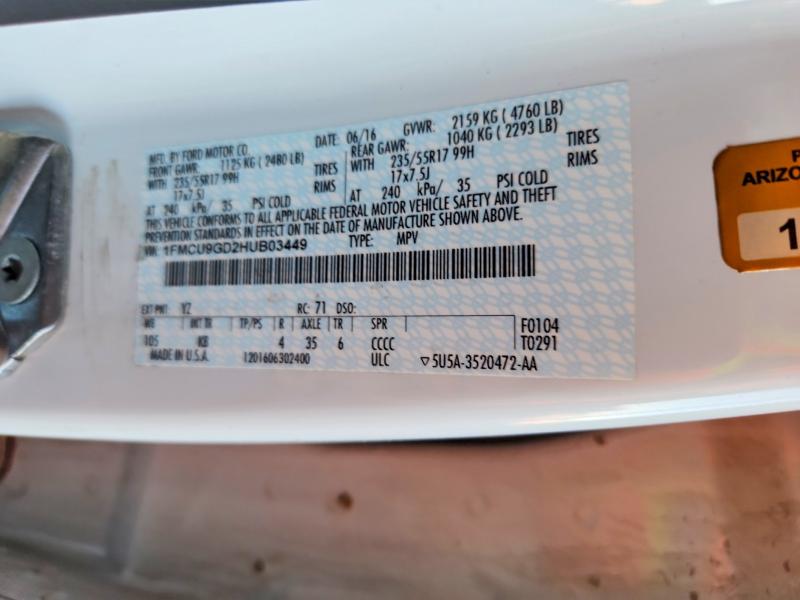 53540746 :رقم المزاد ، 1FMCU9GD2HUB03449 vin ، 2017 Ford Escape مزاد بيع
