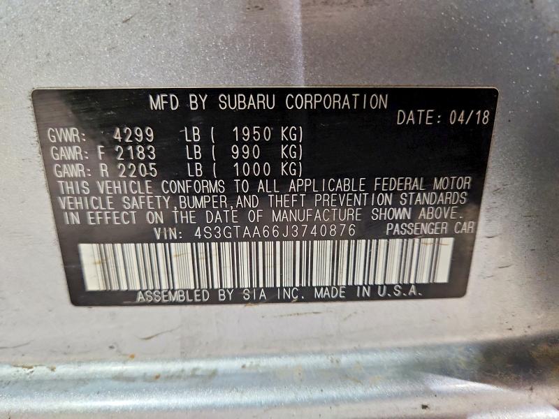 53240986 :رقم المزاد ، 4S3GTAA66J3740876 vin ، 2018 Subaru Impreza مزاد بيع
