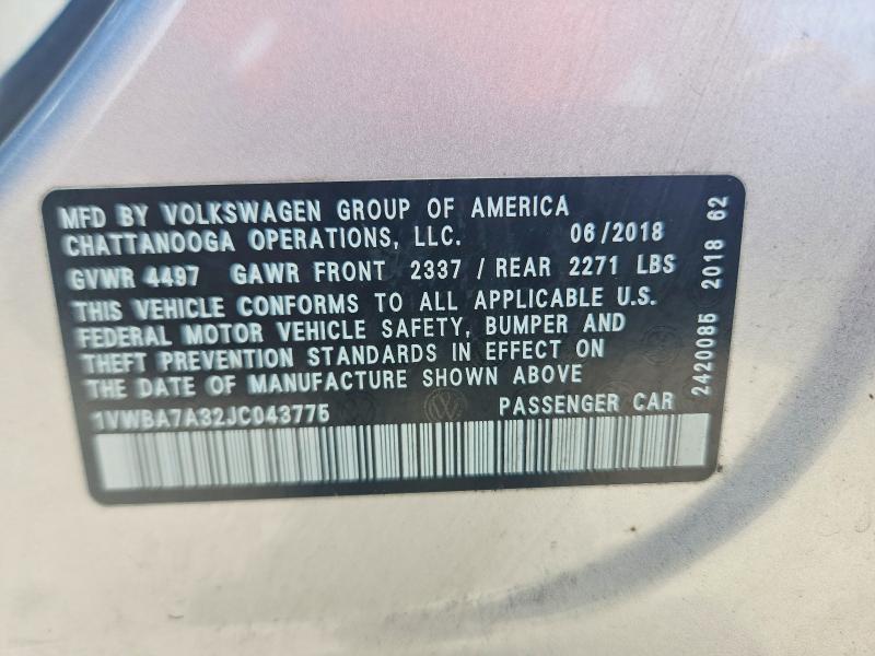 54456726 :رقم المزاد ، 1VWBA7A32JC043775 vin ، 2018 Volkswagen Passat مزاد بيع