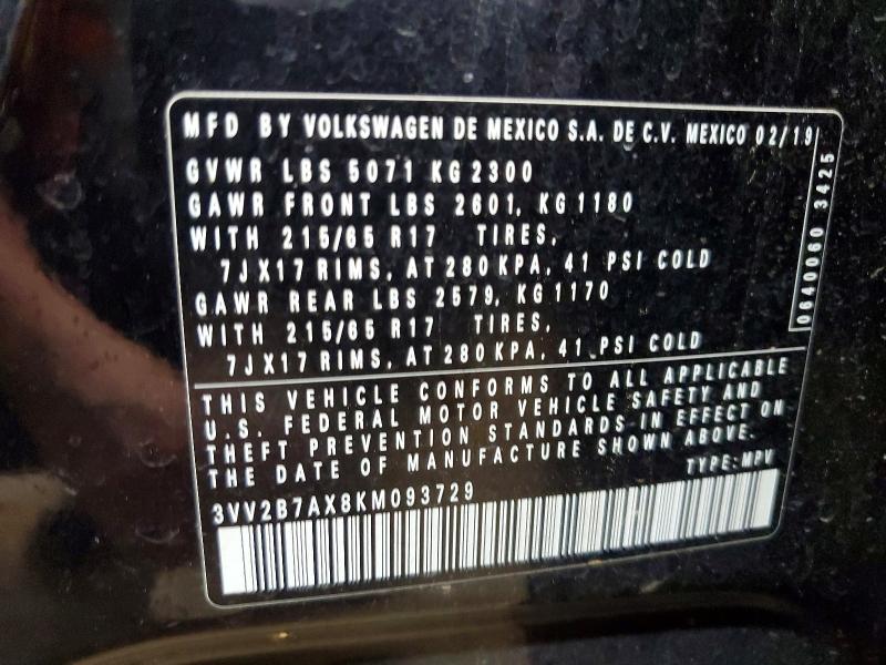 Aukcja sprzedaży 2019 Volkswagen Tiguan, vin: 3VV2B7AX8KM093729, numer aukcji: 54975646