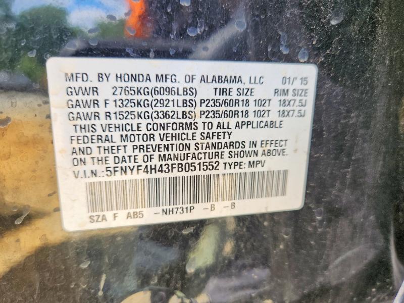 Продажа на аукционе авто 2015 Honda Pilot, vin: 5FNYF4H43FB051552, номер лота: 54976906