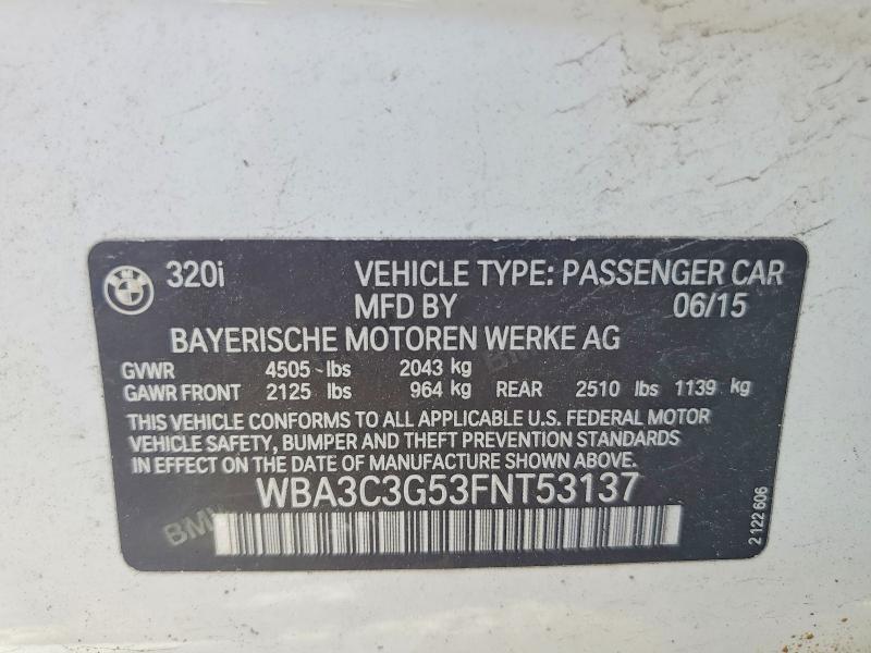 Продажа на аукционе авто 2015 Bmw 320, vin: WBA3C3G53FNT53137, номер лота: 54429126