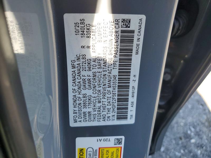 2026 Honda Civic მანქანა იყიდება აუქციონზე, vin: 2HGFE2F58TH535346, აუქციონის ნომერი: 55374486