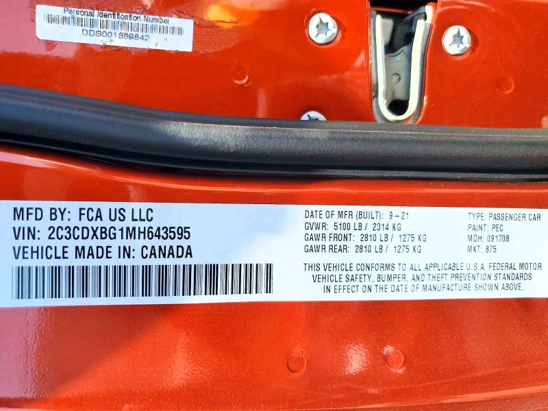 2021 Dodge Charger მანქანა იყიდება აუქციონზე, vin: 2C3CDXBG1MH643595, აუქციონის ნომერი: 53801956