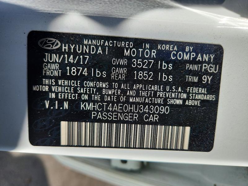 2017 Hyundai Accent მანქანა იყიდება აუქციონზე, vin: KMHCT4AE0HU343090, აუქციონის ნომერი: 52088006
