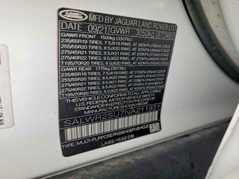 2022 Land Rover Range Rover Sport მანქანა იყიდება აუქციონზე, vin: SALWR2SU7NA211931, აუქციონის ნომერი: 53399886