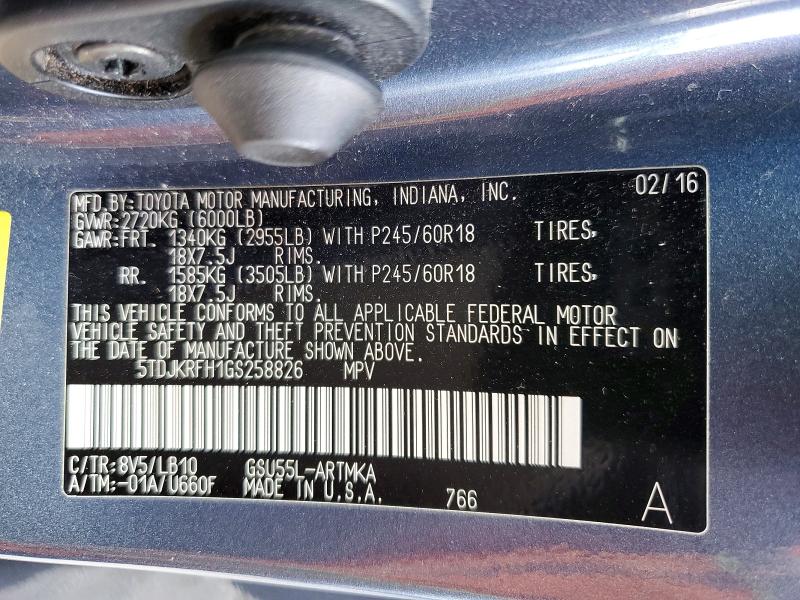54229516 :رقم المزاد ، 5TDJKRFH1GS258826 vin ، 2016 Toyota Highlander مزاد بيع