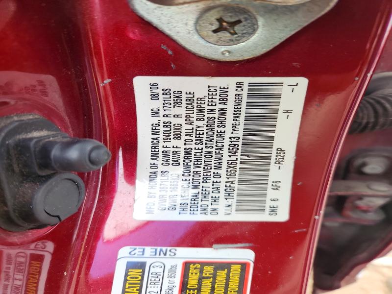 2006 Honda Civic მანქანა იყიდება აუქციონზე, vin: 1HGFA165X6L145913, აუქციონის ნომერი: 54478336