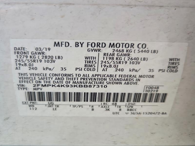 Aukcja sprzedaży 2019 Ford Edge, vin: 2FMPK4K93KBB87310, numer aukcji: 51309106