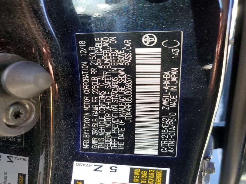 53807186 :رقم المزاد ، JTDKARFU5J3068377 vin ، 2018 Toyota Prius مزاد بيع