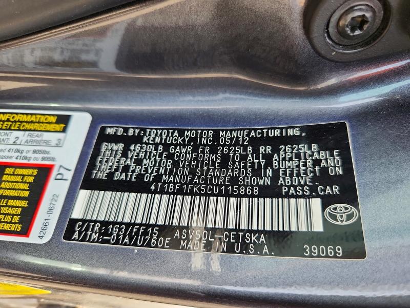 Продажа на аукционе авто 2012 Toyota Camry, vin: 4T1BF1FK5CU115868, номер лота: 55584126