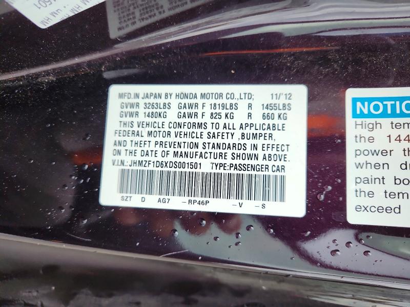 54008176 :رقم المزاد ، JHMZF1D6XDS001501 vin ، 2013 Honda Cr-z مزاد بيع