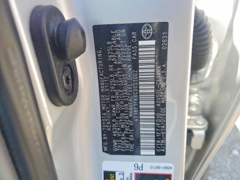Aukcja sprzedaży 2012 Toyota Camry, vin: 4T1BF1FK6CU051002, numer aukcji: 53450686