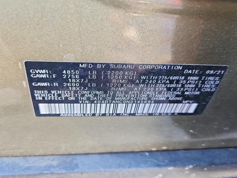 53469436 :رقم المزاد ، 4S4BTANC0N3145694 vin ، 2022 Subaru Outback مزاد بيع