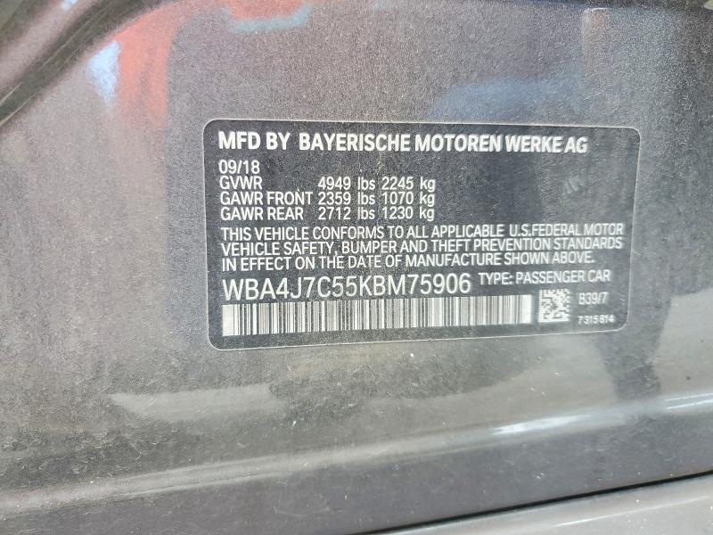 2019 Bmw 440xi მანქანა იყიდება აუქციონზე, vin: WBA4J7C55KBM75906, აუქციონის ნომერი: 54386186