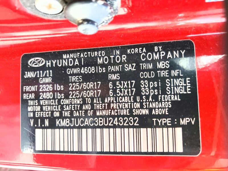 2011 Hyundai Tucson მანქანა იყიდება აუქციონზე, vin: KM8JUCAC3BU243232, აუქციონის ნომერი: 54297116
