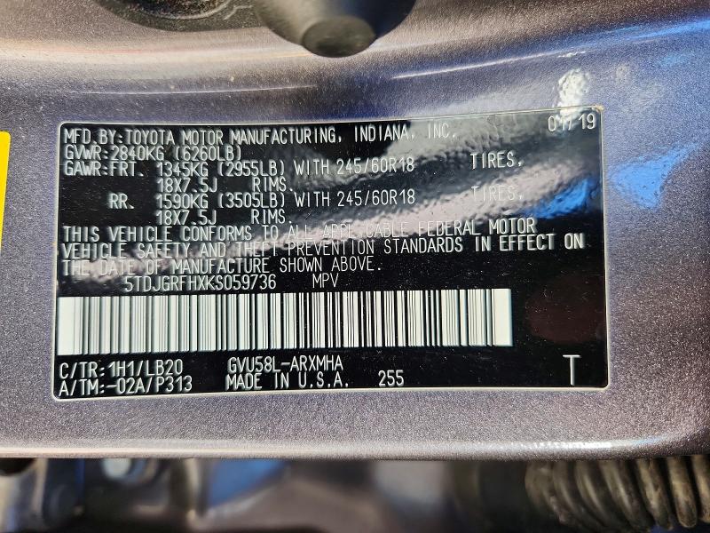 Продажа на аукционе авто 2019 Toyota Highlander Hybrid, vin: 5TDJGRFHXKS059736, номер лота: 53176486