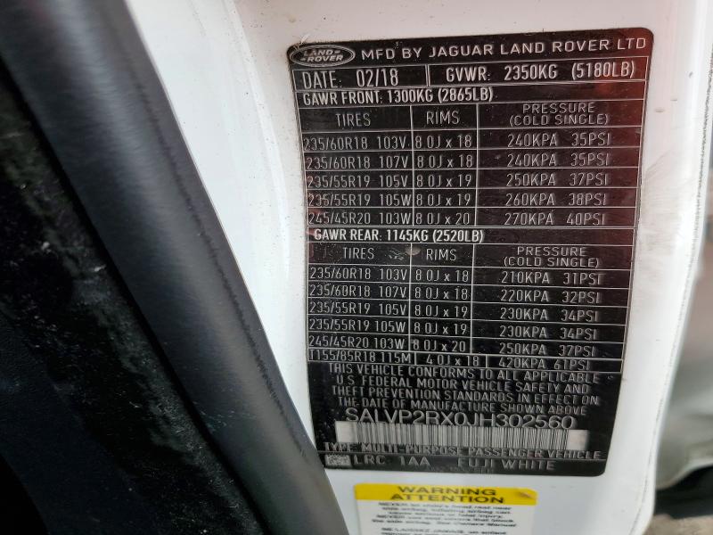 54470016 :رقم المزاد ، SALVP2RX0JH302560 vin ، 2018 Land Rover Range Rover Evoque مزاد بيع