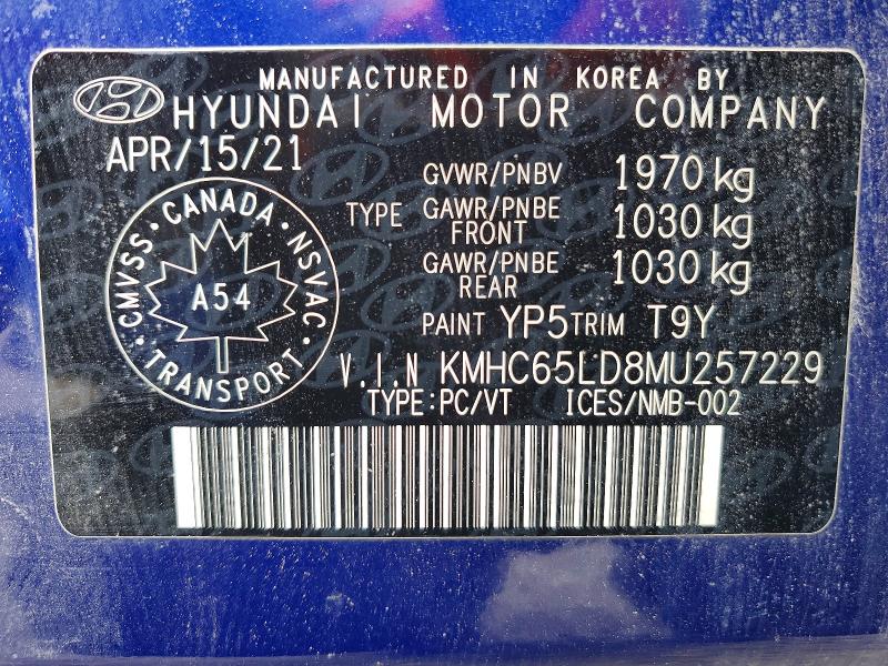 54078506 :رقم المزاد ، KMHC65LD8MU257229 vin ، 2021 Hyundai Ioniq مزاد بيع