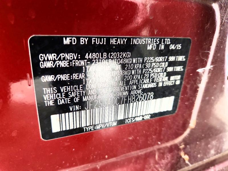 2015 Subaru Forester მანქანა იყიდება აუქციონზე, vin: JF2SJADC7FH826078, აუქციონის ნომერი: 52495966