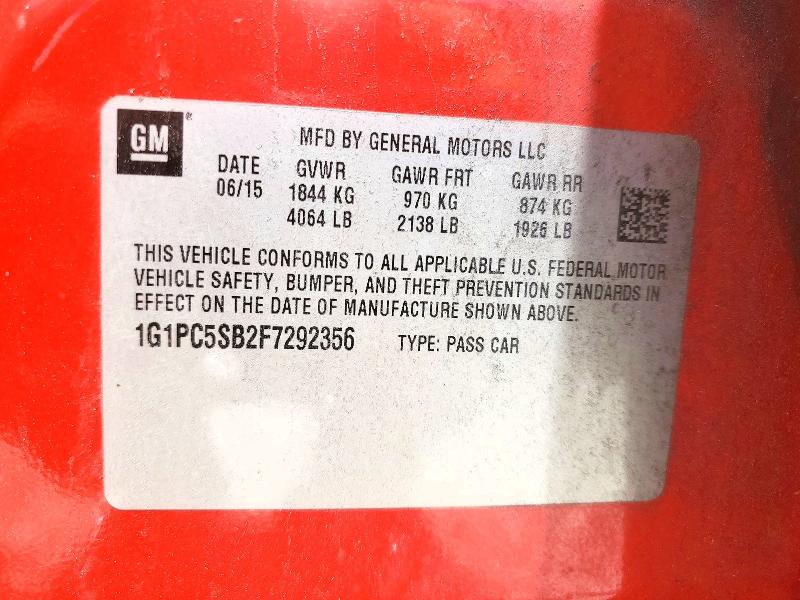 2015 Chevrolet Cruze მანქანა იყიდება აუქციონზე, vin: 1G1PC5SB2F7292356, აუქციონის ნომერი: 53960926