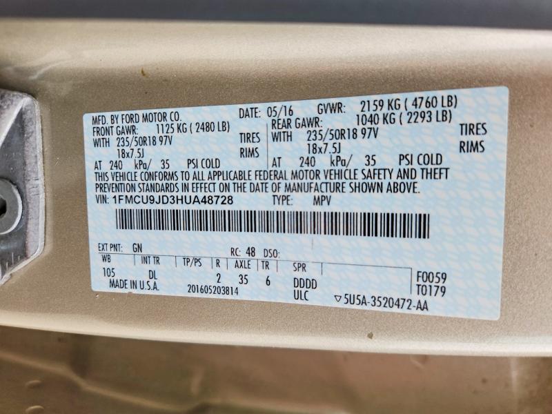 Продажа на аукционе авто 2017 Ford Escape, vin: 1FMCU9JD3HUA48728, номер лота: 53992676