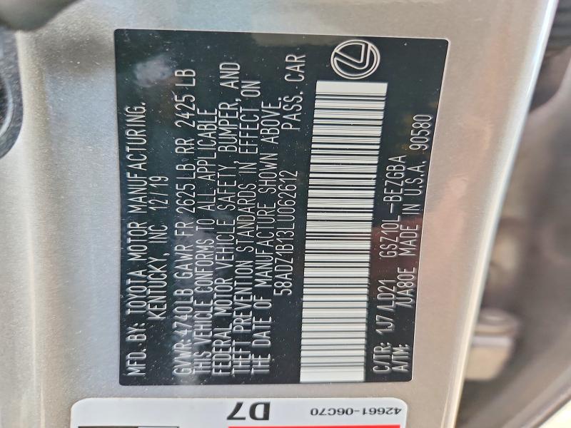 2020 Lexus Es მანქანა იყიდება აუქციონზე, vin: 58ADZ1B13LU062612, აუქციონის ნომერი: 54301036