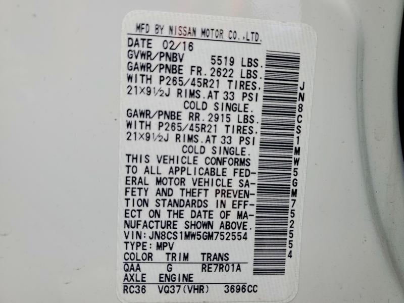 Aukcja sprzedaży 2016 Infiniti Qx70, vin: JN8CS1MW5GM752554, numer aukcji: 51676546