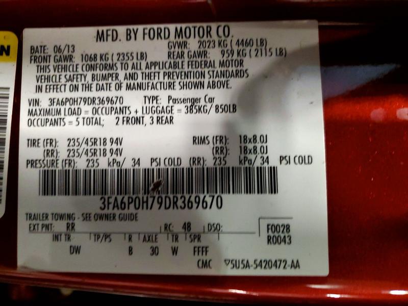 Aukcja sprzedaży 2013 Ford Fusion, vin: 3FA6P0H79DR369670, numer aukcji: 54782456