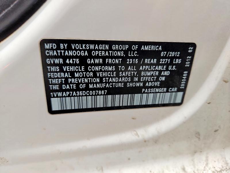 52543696 :رقم المزاد ، 1VWAP7A35DC007867 vin ، 2013 Volkswagen Passat مزاد بيع