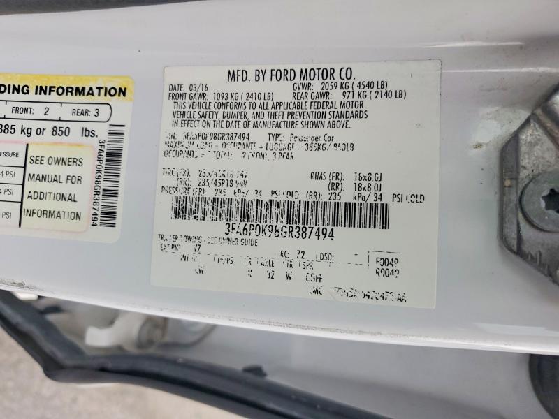 2016 Ford Fusion მანქანა იყიდება აუქციონზე, vin: 3FA6P0K98GR387494, აუქციონის ნომერი: 52545676