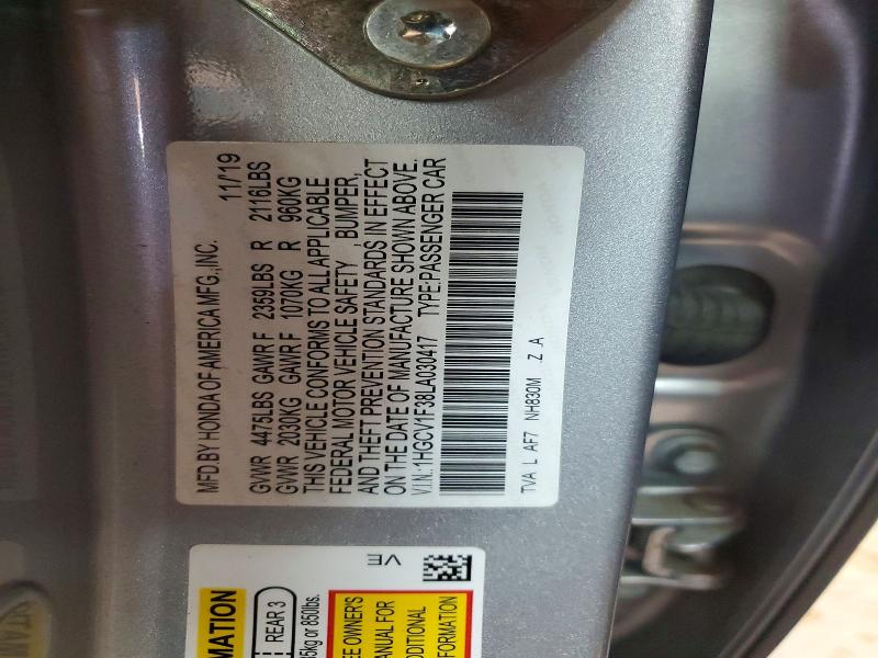 52036036 :رقم المزاد ، 1HGCV1F38LA030417 vin ، 2020 Honda Accord مزاد بيع