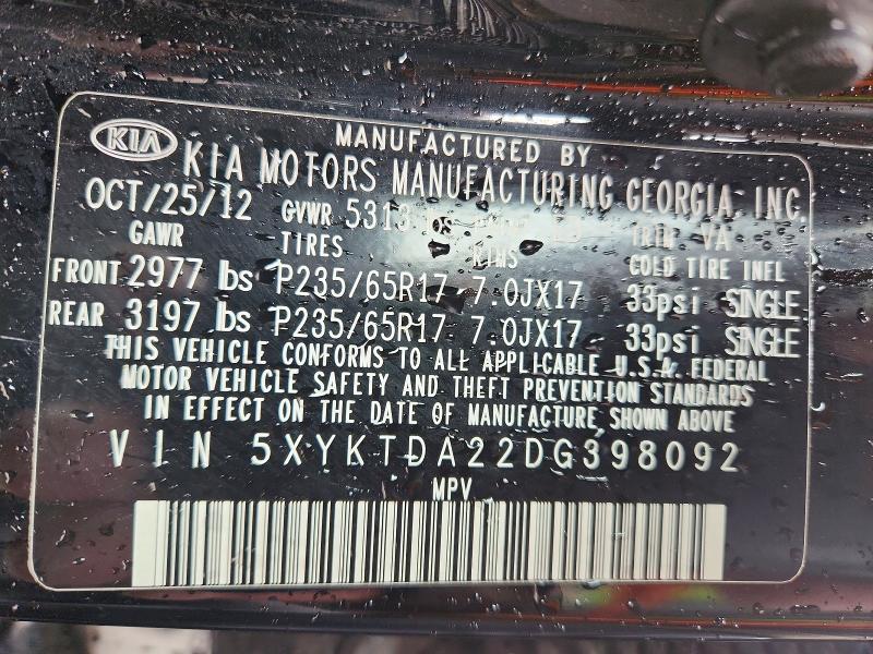 Aukcja sprzedaży 2013 Kia Sorento, vin: 5XYKTDA22DG398092, numer aukcji: 53927396