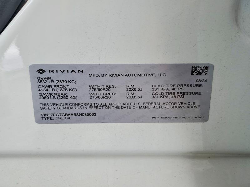 Продаж на аукціоні авто 2025 Rivian R1t, vin: 7FCTGBAA5SN035063, номер лоту: 54437966