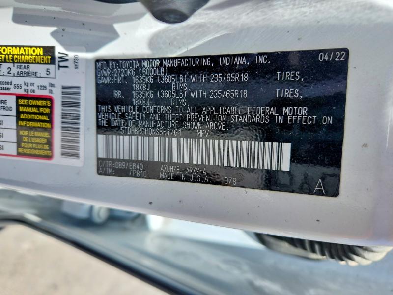 53620666 :رقم المزاد ، 5TDHBRCH0NS554761 vin ، 2022 Toyota Highlander Hybrid مزاد بيع
