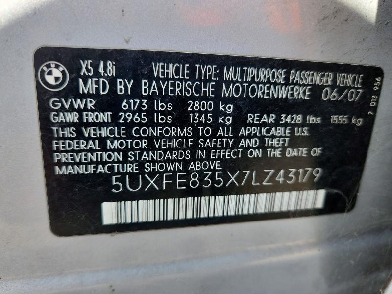 Aukcja sprzedaży 2007 Bmw X5, vin: 5UXFE835X7LZ43179, numer aukcji: 53507606