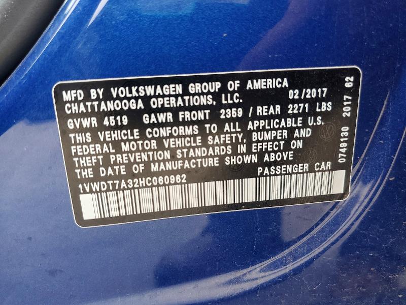 Aukcja sprzedaży 2017 Volkswagen Passat, vin: 1VWDT7A32HC060962, numer aukcji: 52452346