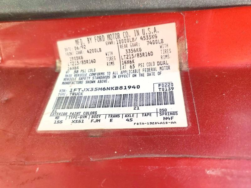 1992 Ford F350 მანქანა იყიდება აუქციონზე, vin: 1FTJX35M6NKB81940, აუქციონის ნომერი: 52914036